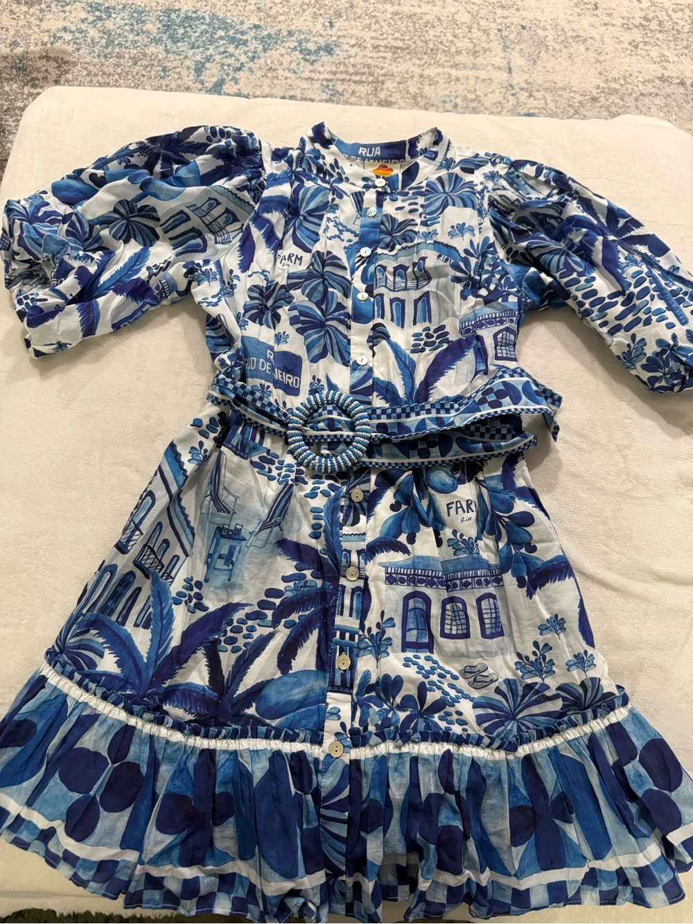 Farm Rio Sweet Rio puff sleeve blue & white mini dress small E04